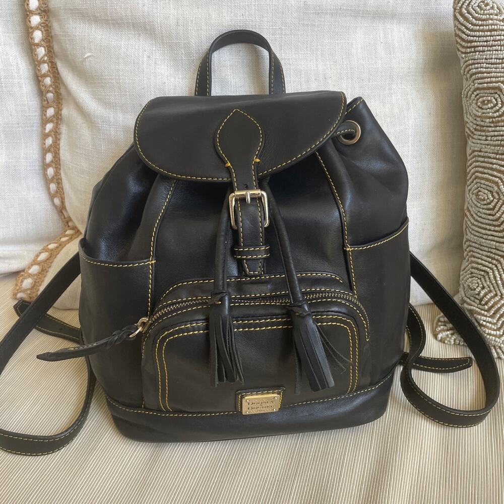 Dooney & Bourke Florentine Black Leather Backpack | Tassel Drawstring